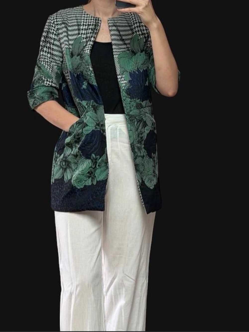 Eva Franco Black and Green Floral Open-Front Blazer